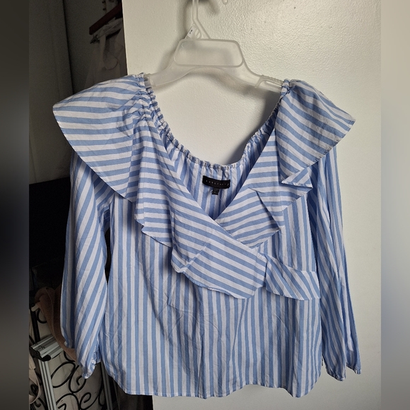 Sanctuary Blue Stripe Ruffle Crossover Pirate Shirt Top Blouse - Size  L - Picture 7 of 10